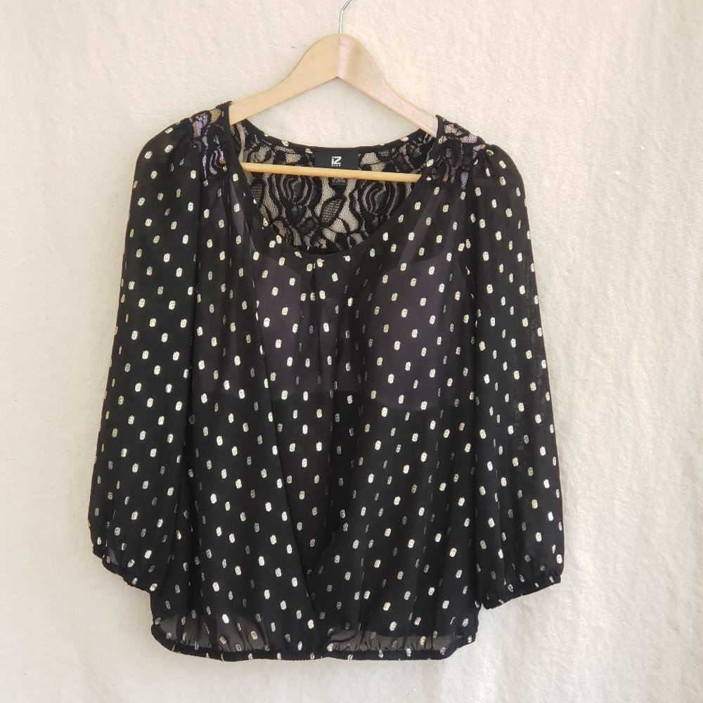 IZ BYER  Black & Gold Sheer Blouse with Lace